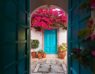 Fototapeta premium colorful building exterior teal door vibrant bougainvillea potted plants mediterranean style home decor