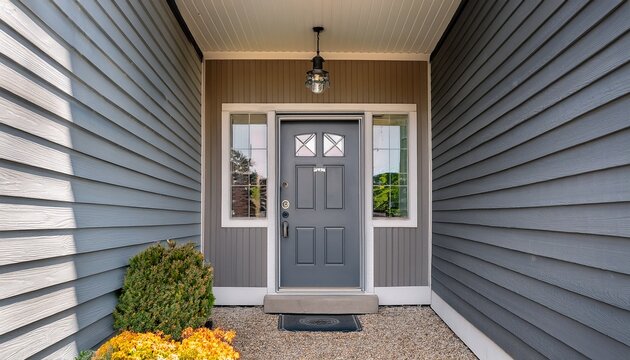 a grey modern farmhouse front door with a covered porch wood front door with glass window and grey vinyl and wood siding