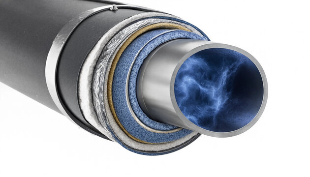 Cross section of an insulated industrial pipe showing multiple layers of steel, foam, and protective outer casing with a blue glowing interior