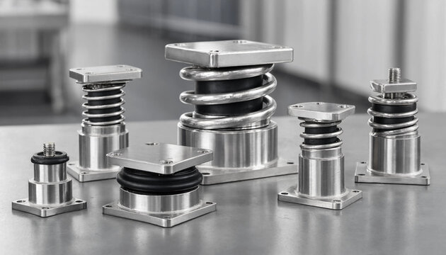 Collection of industrial vibration isolators and metal shock absorbers with steel springs and rubber bases arranged on a gray surface background