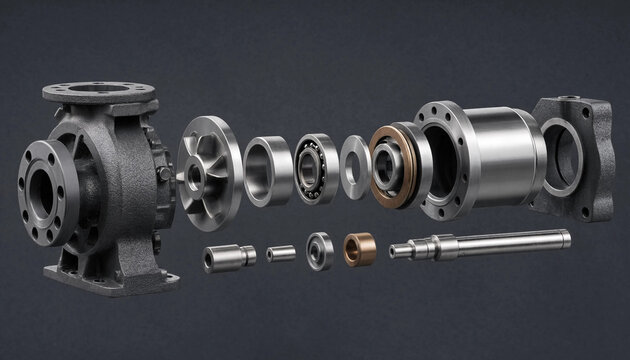 Exploded view of a centrifugal pump assembly showing the cast iron housing, impeller, bearings, and internal shaft components in detail