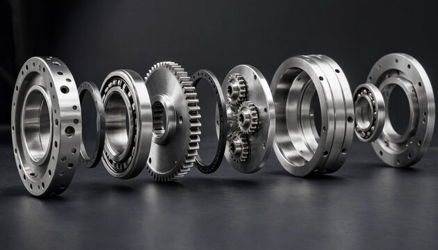 Exploded view of a mechanical gear assembly featuring steel ball bearings, metal rings, and cogwheels arranged on a dark grey background