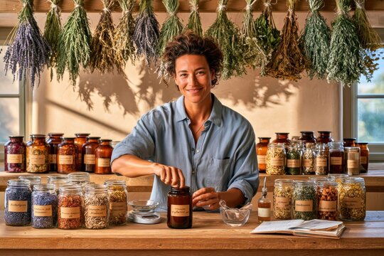 Herbalist at her apothecary workbench preparing a tincture surrounded by jars and drying herbs