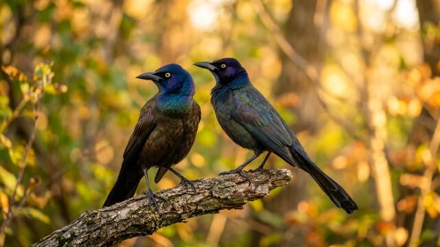 two common grackle birds in florida wetlands usa golden light close up video