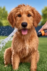 Obraz premium Golden doodle puppy enjoying a backyard bath with hose and wet fur, playful summer moment