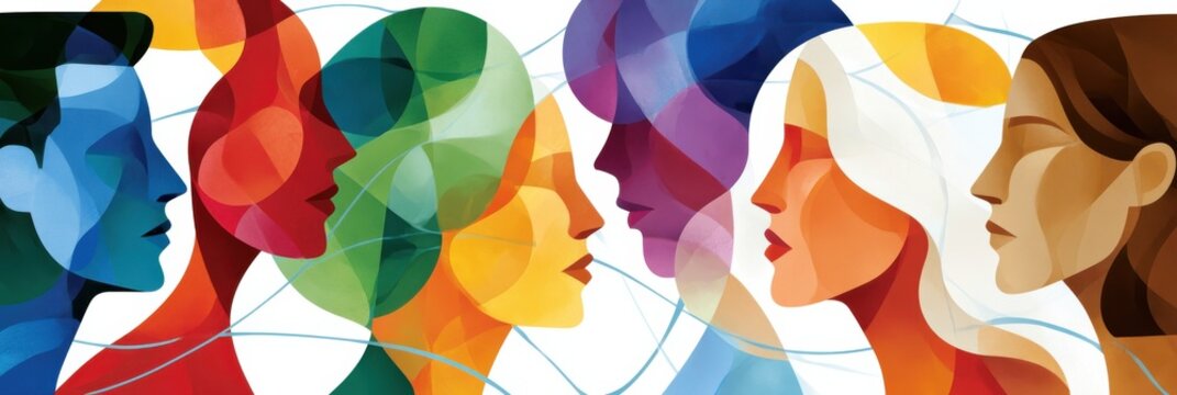 Network of interconnected human head silhouettes representing communication, collaboration and diverse minds