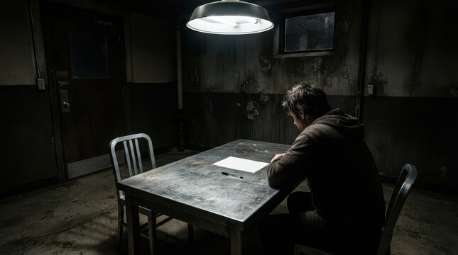 Dimly lit interrogation room with man sitting at table chairs dim lighting