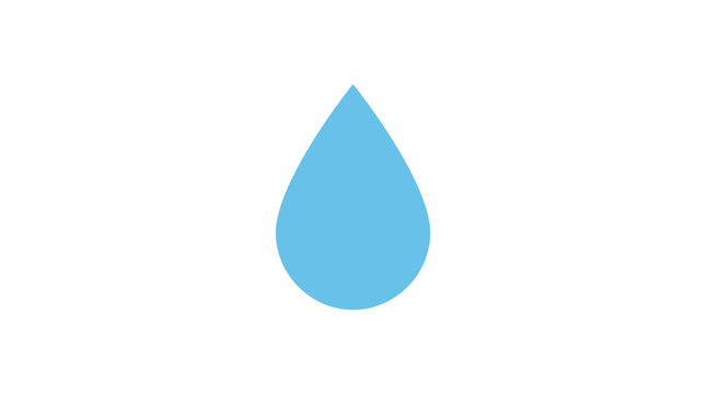 A single blue water droplet falls in clear environment from above.
