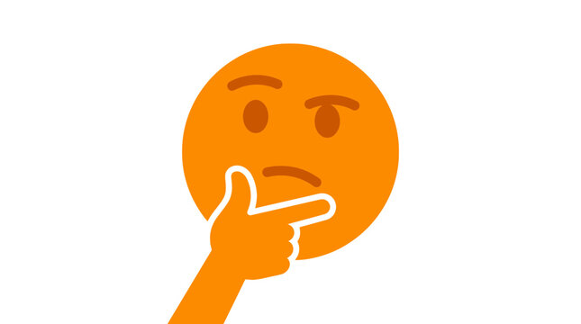 A hand points to a concerned emoji face with a puzzled expression.