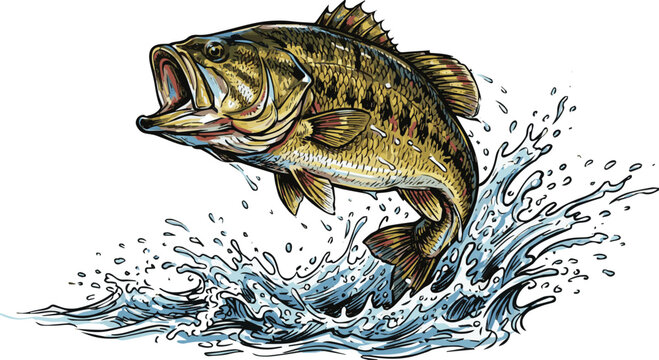 Generated on Hand drawn Large mouth colorful bass fish jumping out of water with big splash vector art on white background