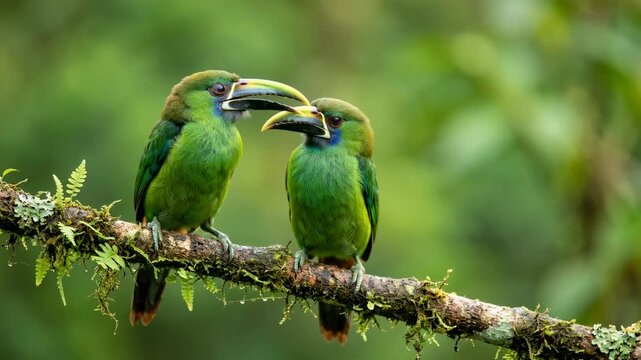 two emerald toucanets close up on tree branches in costa rica cloud forest at morning light video