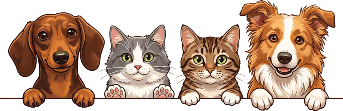 Cute pets peeking border vector illustration featuring dachshund border collie dogs and domestic tabby cats isolated on white background