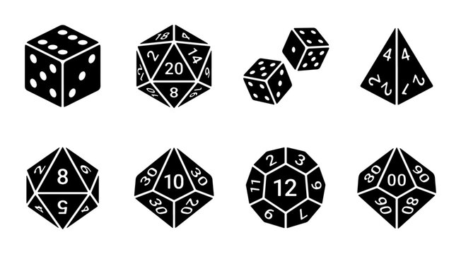 Set of 8 Polyhedral Dice Icons, D4, D6, D8, D10, D12, D20, D00, Black and White Vector Graphics for Gaming and Tabletop