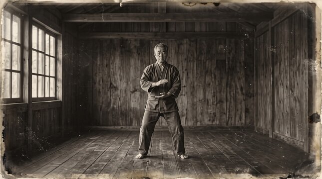 Martial arts master practicing calm stance in traditional wooden dojo