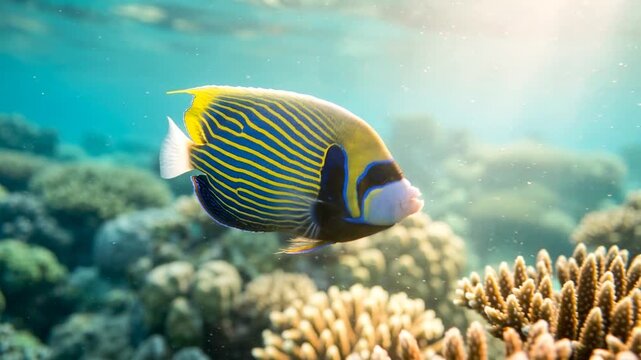 emperor angelfish close up in red sea coral reef at morning light video