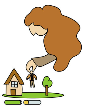 A woman placing a miniature man figure next to a home and a tree, with full progress bar below house and yellow bar below the man. Concept of reaching life goals. 