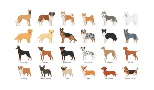 Flat vector set of adult dog breeds from small medium to large isolated on white
