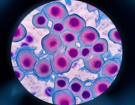 medium shot of ovarian cancer cells under high magnification highlighting irregular blue nuclei and clustered malignant morphology with pink cytoplasm on a crisp white microscope