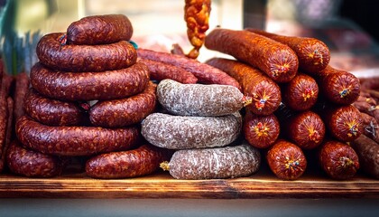 Fototapeta premium smoked sausage links and salami on market stall