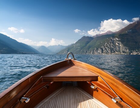 wooden speedboat cruising on lake como with mountains