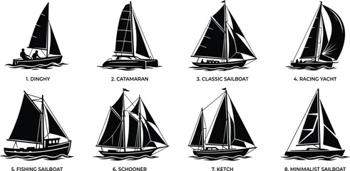 Black Sailboat Silhouette Bundle Featuring Eight Classic Sailing Vessel Designs for Nautical Marine Vector Collection and Coastal Projects © MdAshik