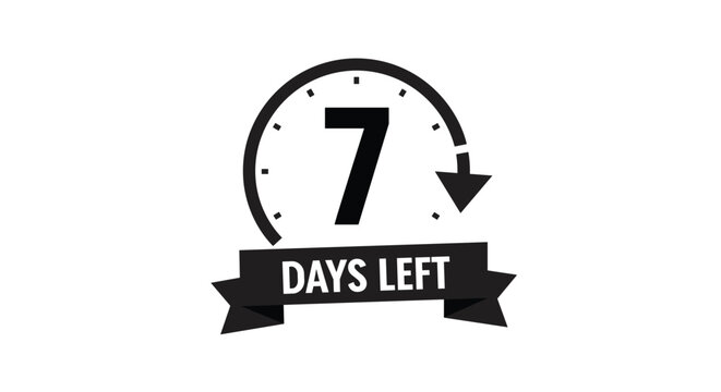 Stylized black and white icon saying seven days left with a circular countdown clock and a warning ribbon.