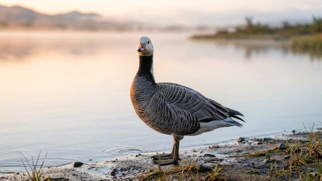 emperor goose close up at alaska lake during morning light video