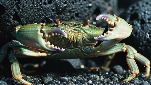 Green crab with open claws on black volcanic rocks