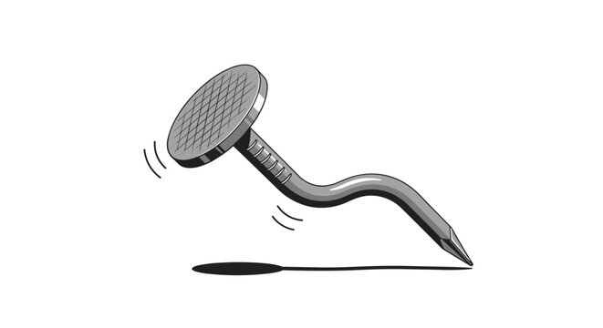 Sturdy bent metal construction nail with realistic shadow and motion lines stands out on white background.