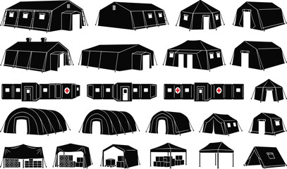 Collection of military and emergency relief shelter tent silhouettes for humanitarian aid and disaster response © Mdjoshel 