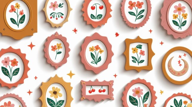 Set of cute vintage picture frames with colorful floral illustrations