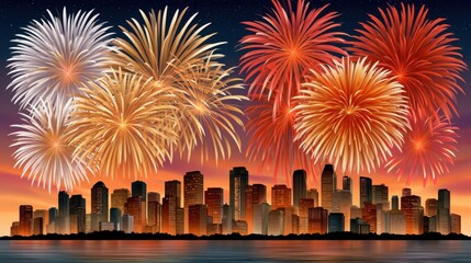 Fototapeta premium New Year fireworks over a city skyline at sunset with festive celebration and reflections