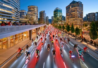Obraz premium Mass night cycling event through downtown city streets with crowds and illuminated bikes