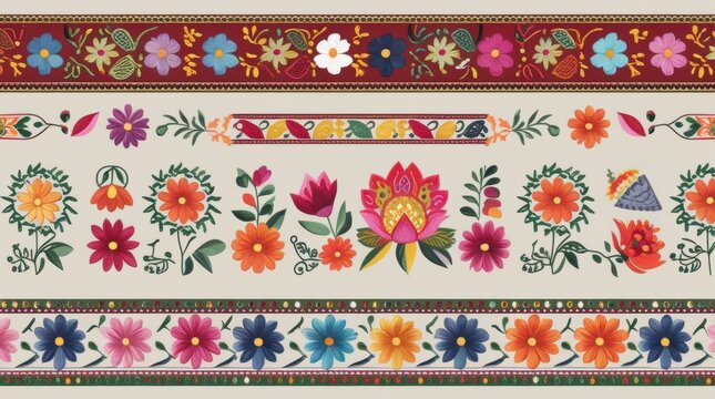 Colorful floral seamless pattern borders with traditional folk art style isolated on white background