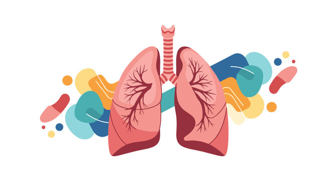 Abstract anatomical illustration of healthy human lungs showing trachea and bronchi with colorful shapes on a white background.