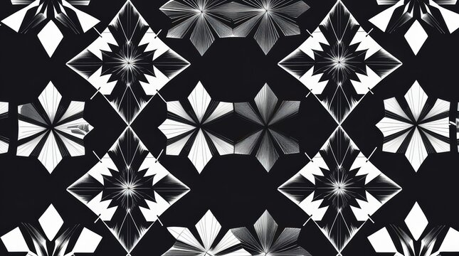 Abstract geometric pattern with white diamond and star shapes on black isolated on white background