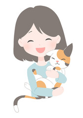 嬉しそうに猫を抱っこする女性のイラスト