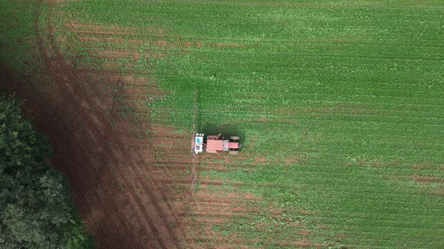 Agricultural tractor applying pesticide or fertilizer to young corn crops