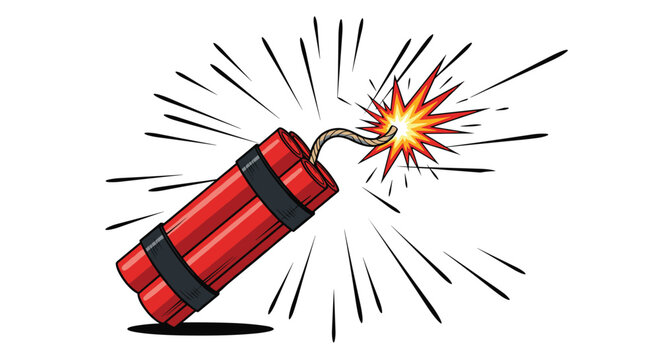 Red dynamite sticks tied together with a burning fuse sparking and ready to explode in a comic book sketch.