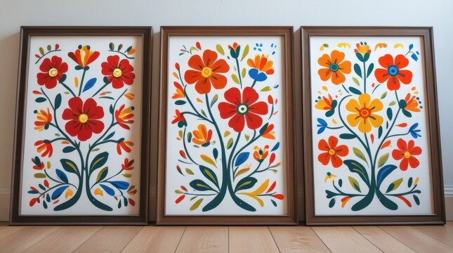 Three framed wall art prints with colorful mexican floral patterns