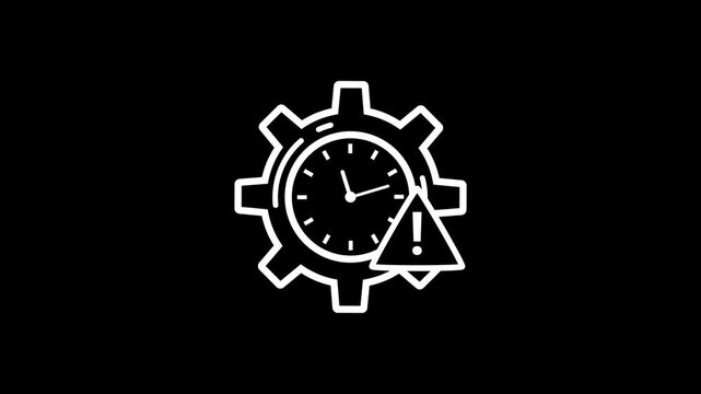 White Gear Icon with a Clock and Triangle on a Black Background