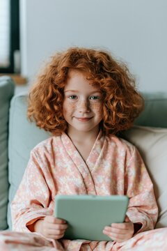 Smiling redhead girl using a tablet at home in pajamas for kids app background and educational reading design