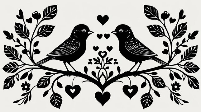 Two cute birds sitting on a branch with flowers and hearts