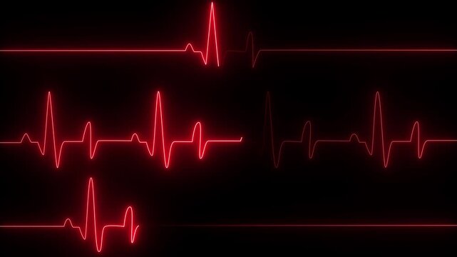 Neon red ekg heartbeat monitor lines pulsing on black background, for medical technology