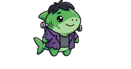 Naklejka premium Smiling green dinosaur in purple jacket.