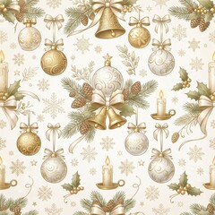 Fototapeta premium Christmas ornament pattern with bells candles and pine branches golden tones