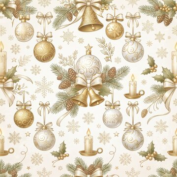 Christmas ornament pattern with bells candles and pine branches golden tones