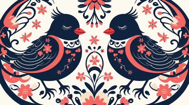 Two decorative folk art birds with floral patterns in pink and black