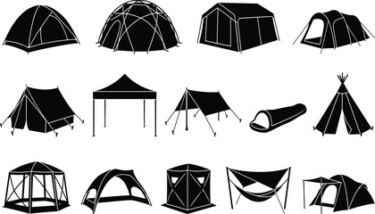 Collection of various camping tent silhouettes for outdoor adventure travel and leisure lifestyle design projects © Mdjoshel 