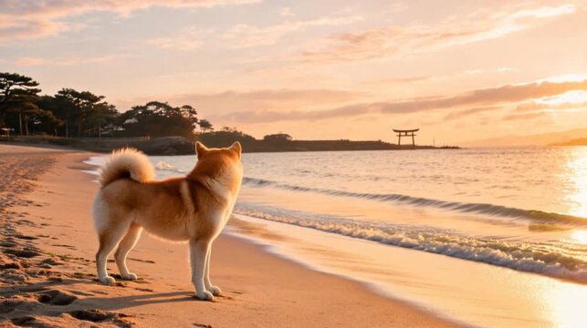 akita dog on the coast of akita prefecture japan at golden morning light video
